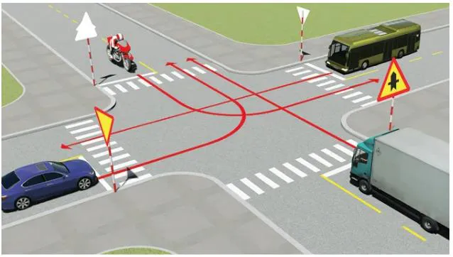Câu 487: Theo hướng mũi tên, thứ tự các xe đi như thế nào là đúng quy tắc giao thông?