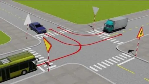 Câu 496: Theo hướng mũi tên, xe nào phải nhường đường đi cuối cùng qua nơi giao nhau này?