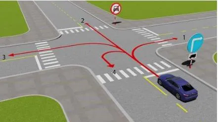 Câu 519: Theo hướng mũi tên, những hướng nào xe ô tô con được phép đi?