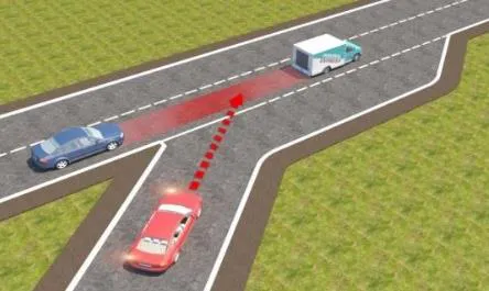 Câu 597: Trong tình huống dưới đây, xe con màu đỏ nhập làn đường cao tốc theo hướng mũi tên là đúng hay sai?